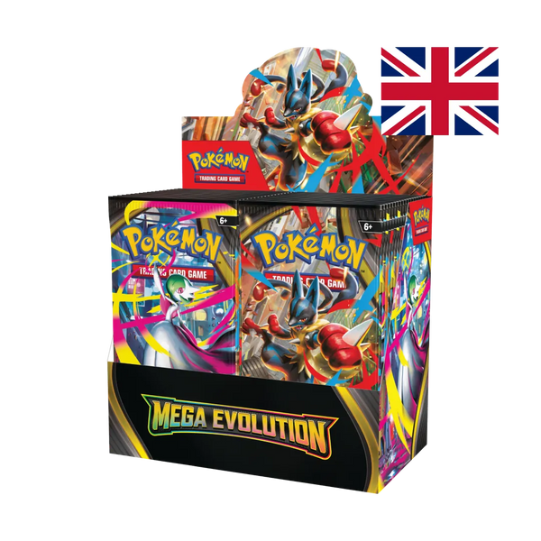 Pokémon Mega Evolution booster box display featuring colorful Pokémon artwork
