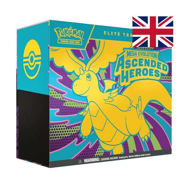 Elite Trainer Box di Mega Evolution—Ascended Heroes per Pokémon TCG. Include 9 bustine, 1 carta promo full-art foil di N's Zekrom, 65 sleeve, 40 carte Energia, dadi e scatola storage con divisori.