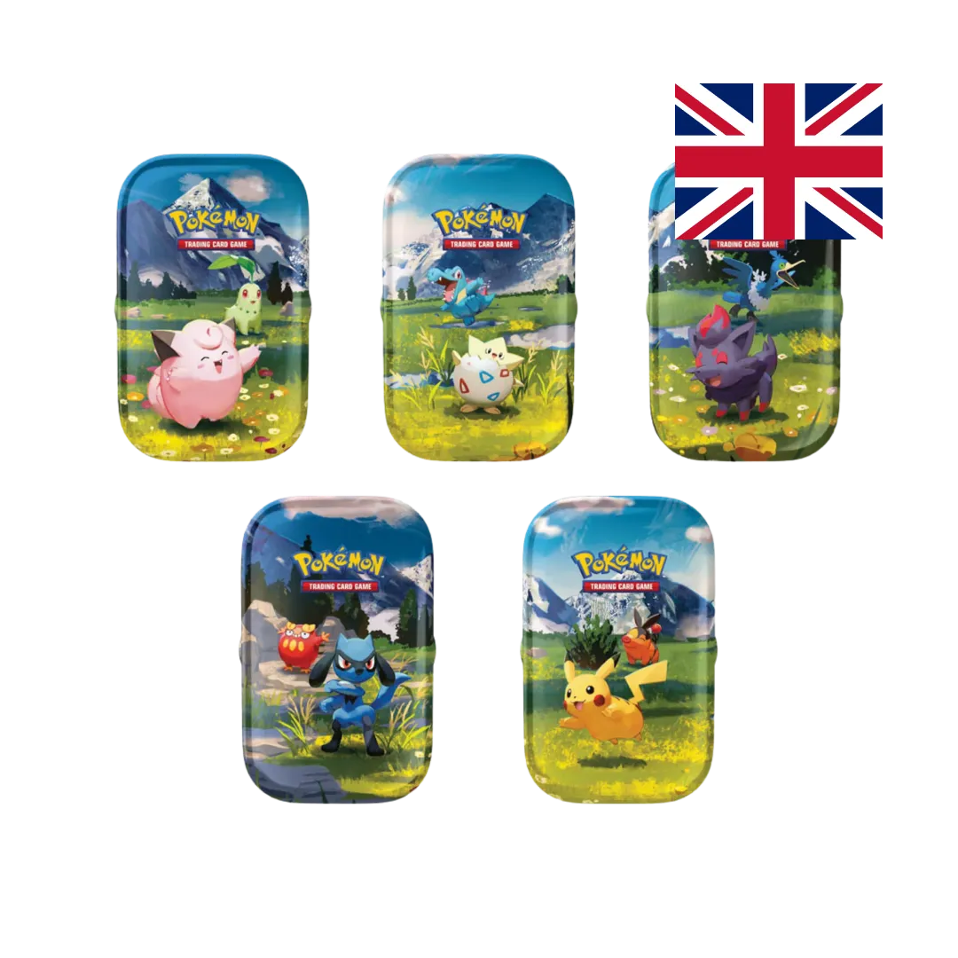 Set completo di 5 Mini Tin assortite dell'espansione Mega Evolution—Ascended Heroes per Pokémon TCG. Ogni tin contiene 2 bustine, 1 foglio adesivi e 1 art card collezionabile. 5 design distinti da combinare.