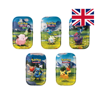 Set completo di 5 Mini Tin assortite dell'espansione Mega Evolution—Ascended Heroes per Pokémon TCG. Ogni tin contiene 2 bustine, 1 foglio adesivi e 1 art card collezionabile. 5 design distinti da combinare.