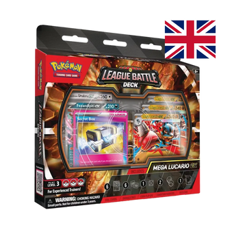 Confezione Mega Lucario ex League Battle Deck Pokémon TCG in lingua inglese con carta Mega Lucario ex in finestra