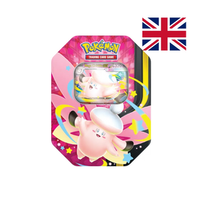 Collector Tin Mega Clefable-ex della linea Moonlit Pokémon TCG, scatola in metallo con finestra