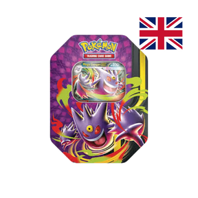 Collector Tin Mega Gengar-ex della linea Moonlit Pokémon TCG, scatola in metallo con finestra