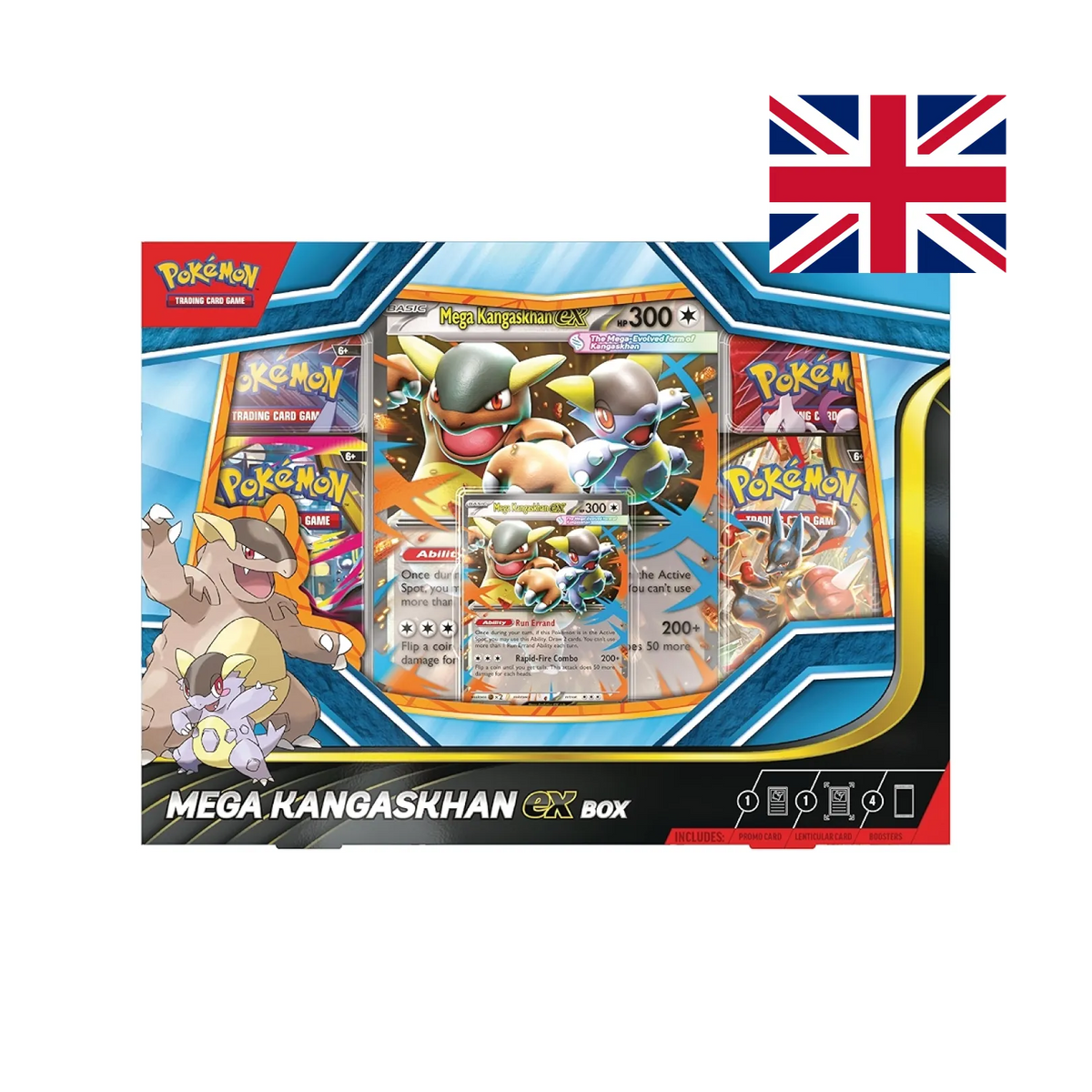 Fronte confezione Mega Kangaskhan-ex Box con carta promozionale foil e carte lenticolari in evidenza