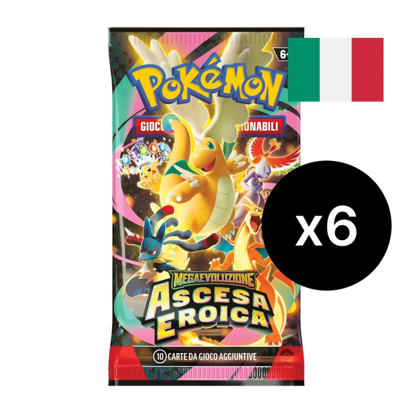 Bustina dell'espansione Ascesa Eroica con illustrazione di Mega Dragonite-ex e Mega Lucario-ex.