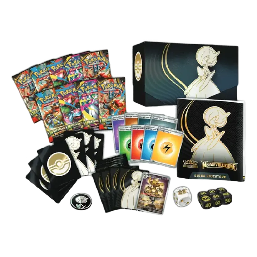 Contenuto del Set Allenatore Fuoriclasse di Mega Gardevoir EX con bustine di espansione, bustine protettive, energie e tantissimi accessori per il GCC Pokemon.