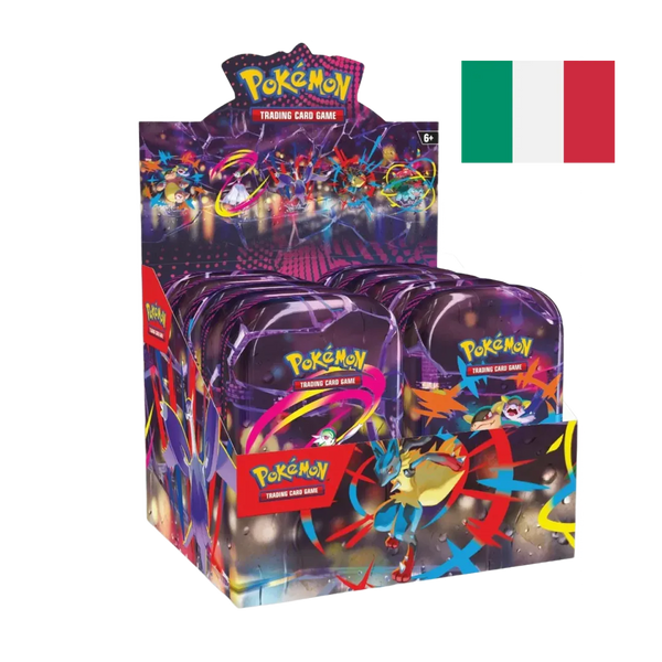 Scatola display di mini tin Pokémon con vari artwork colorati di Pokémon