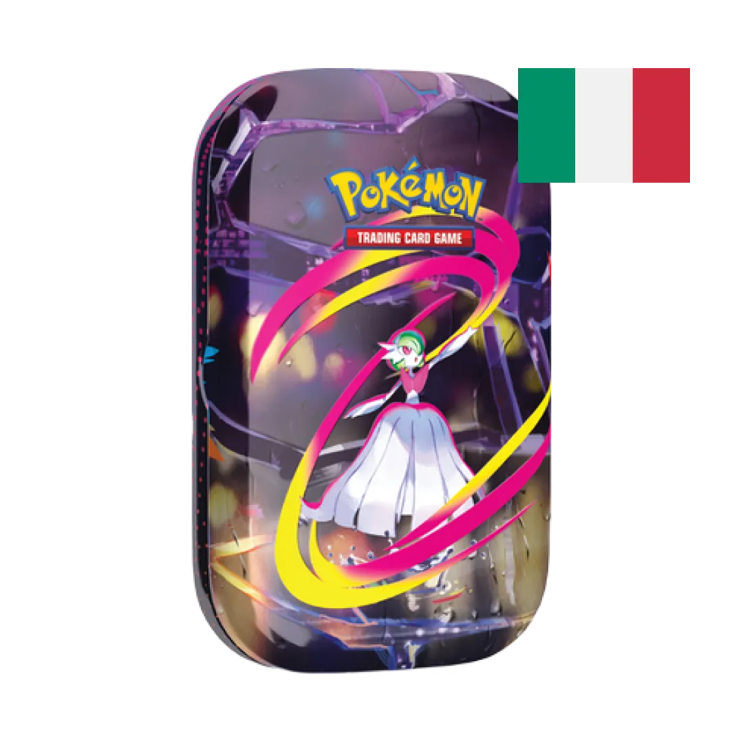Mini tin Pokémon con Gardevoir, Pokémon psico-folletto, circondato da anelli energetici rosa e gialli.