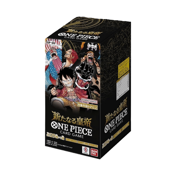 Scatola chiusa del prodotto OP09 Four Emperors di One Piece Card Game, con illustrazioni di Luffy e i Quattro Imperatori.
