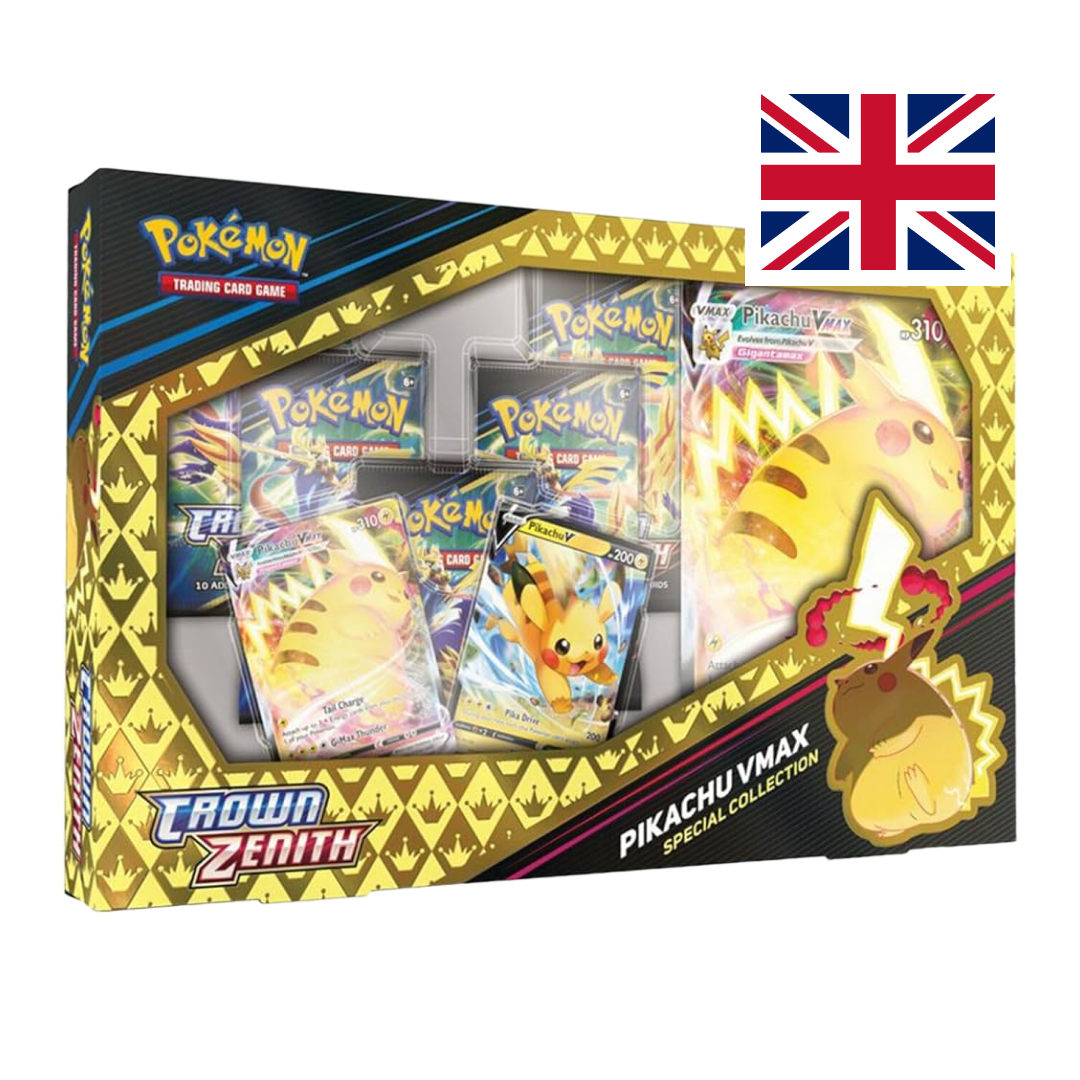 Special collection box for Pokémon TCG Crown Zenith featuring Pikachu VMAX and Pikachu V cards, booster packs, and premium packaging with the UK flag indicating English language content.