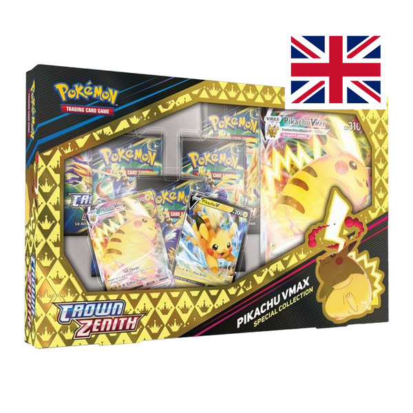 Special collection box for Pokémon TCG Crown Zenith featuring Pikachu VMAX and Pikachu V cards, booster packs, and premium packaging with the UK flag indicating English language content.