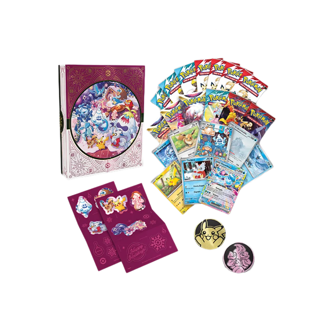 Pokémon Calendario delle Feste 2025 contenuti completi con calendario aperto bustine TCG carte fogli adesivi e monete da gioco