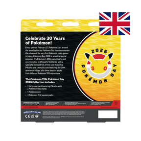 Retro collezione del Pokémon Day 2026 Collection celebra il 30° anniversario del franchise con 1 carta promo foil di Pikachu (timbro Pokémon Day), 1 moneta metallica con logo 30° anniversario e 3 bustine Pokémon TCG assortite.