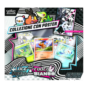 Pokémon Collezione con Poster Luce Nera e Fuoco Bianco dettaglio carte promozionali starter Unima e contenuti