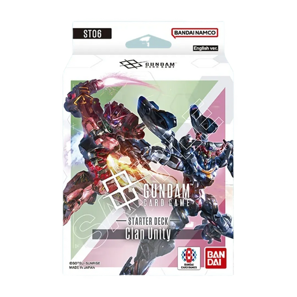 Confezione ufficiale dello Starter Deck ST06 Clan Unity del Gundam Card Game featuring Mobile Suit dalla nuova serie Mobile Suit Gundam GQuuuuuuX. L'artwork dinamico presenta il GQuuuuuuX rosso in combattimento contro Mobile Suit blu con effetti energetici verdi e rosa, riflettendo la strategia Verde & Rossa del mazzo. Prodotto Bandai Namco in versione inglese con branding ufficiale studio Khara x Sunrise.