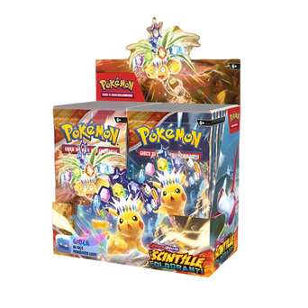 Display Pokémon Scarlatto e Violetto Scintille Folgoranti da 36 buste con artwork di Pikachu e Exeggutor di Alola Teracristal