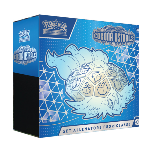 Box del Set Allenatore Fuoriclasse Pokémon Scarlatto e Violetto Corona Astrale con design di Terapagos Teracristal in blu
