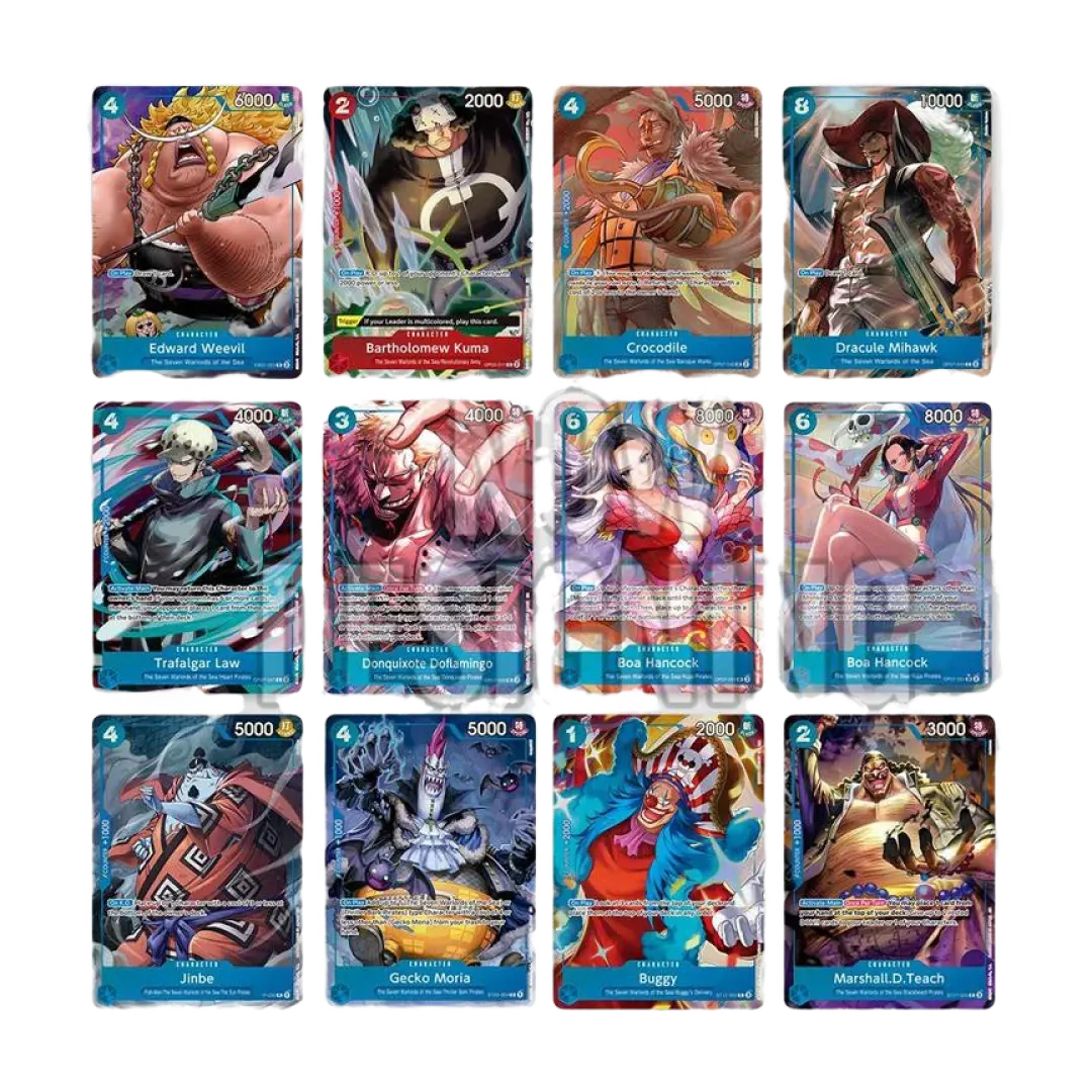 Carte promozionali One Piece Card Game Seven Warlords of the Sea con Boa Hancock, Mihawk e Law