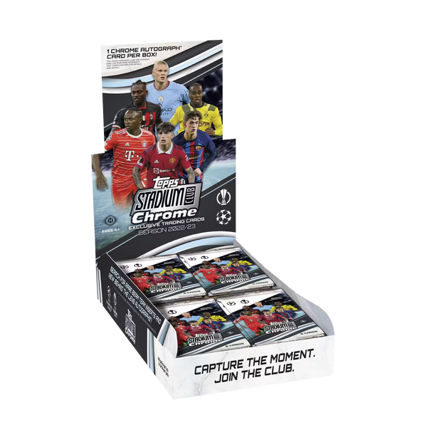 Espositore del Topps Stadium Club Chrome 2022-23 Blaster Box con confezioni di carte collezionabili