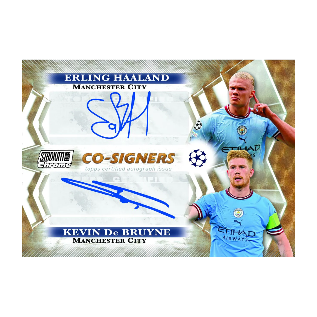 Carta autografata Topps Stadium Club Chrome Co-Signers 2022-23 con Erling Haaland e Kevin De Bruyne del Manchester City.