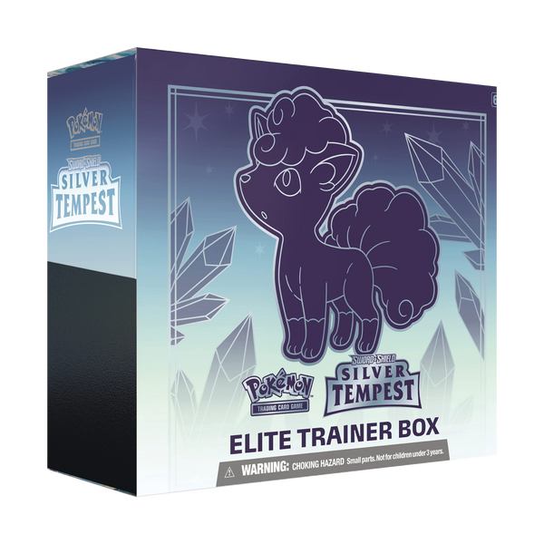 Pokémon Silver Tempest Elite Trainer Box con design di Alolan Vulpix su sfondo ghiacciato blu e cristalli