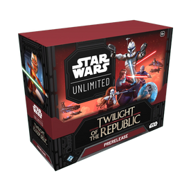 Twilight of the Republic Prerelease Box di Star Wars Unlimited TCG, con segnalini, regole rapide con Yoda, e carte che raffigurano iconici personaggi di Star Wars