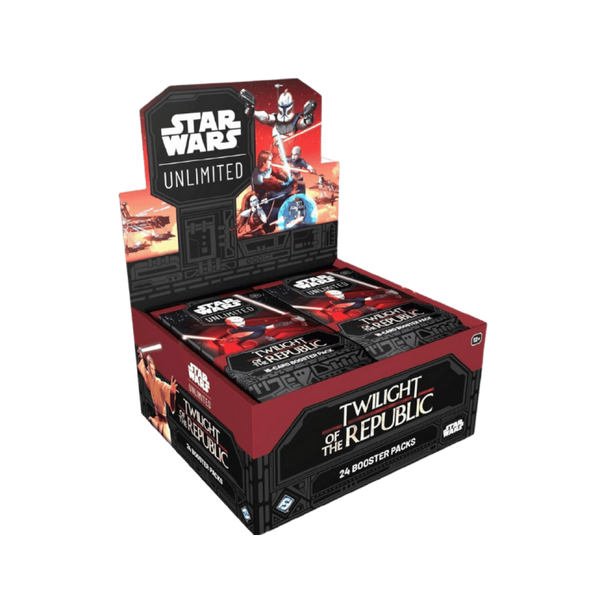 Scatola di Twilight of the Republic Star Wars Unlimited TCG con 24 pacchetti booster esposti, raffigurante illustrazioni di clone trooper e personaggi iconici di Star Wars