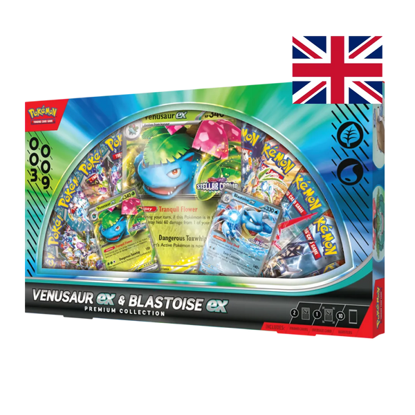 Premium Collection con carte promozionali Venusaur ex e Blastoise ex più carta oversized e 10 bustine booster premium.