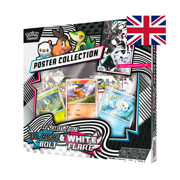 Pokémon TCG Scarlet & Violet—Black Bolt & White Flare Poster Collection (EN), front box with Snivy, Tepig, and Oshawott promo cards and poster callout.