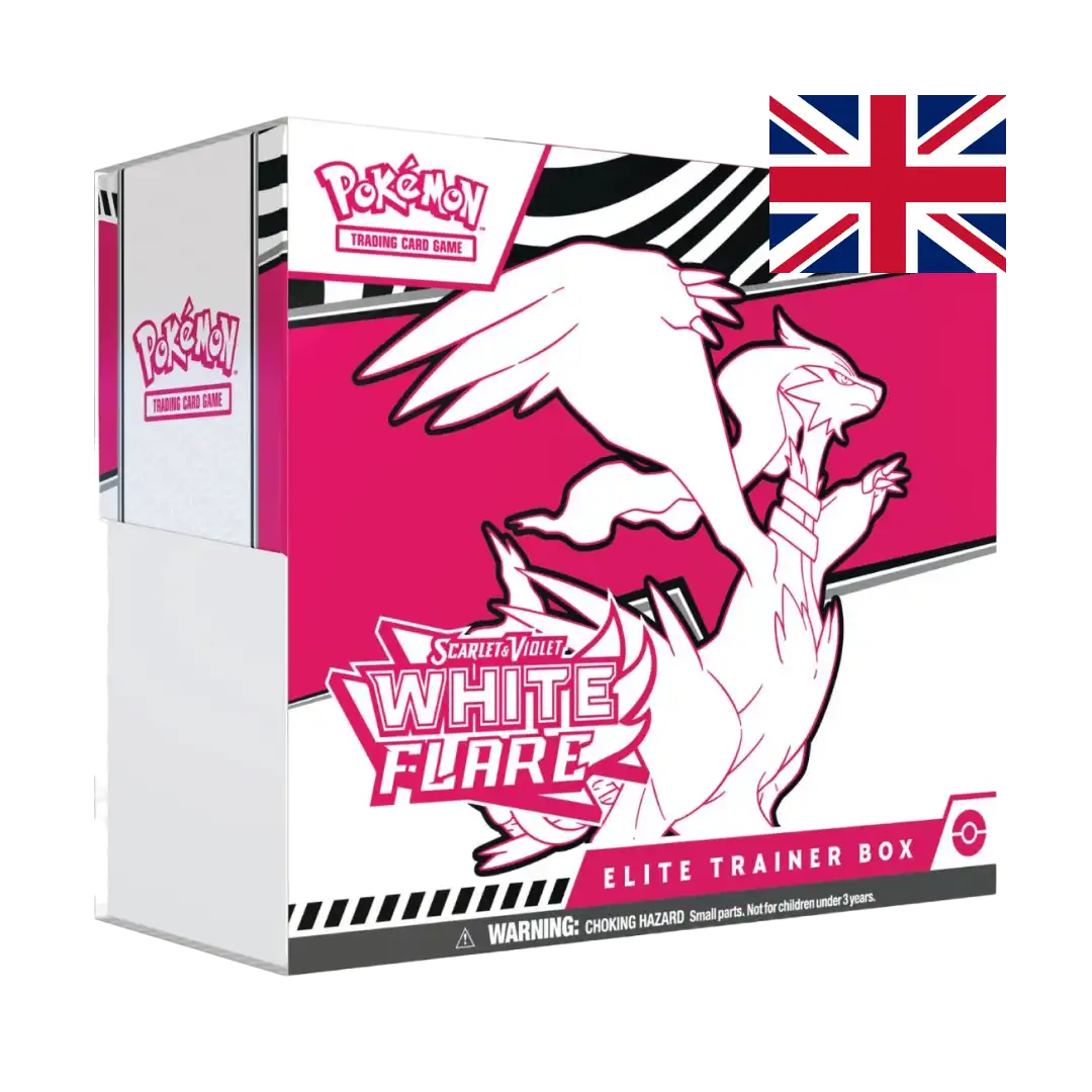 L'Elite Trainer Box White Flare sfoggia il magnifico Reshiram in una rappresentazione artistica mozzafiato su sfondo bianco e magenta. Le fiamme stilizzate e il design elegante catturano perfettamente l'essenza del Pokémon Drago/Fuoco leggendario. La combinazione cromatica audace rende questa elite trainer box un capolavoro visivo.