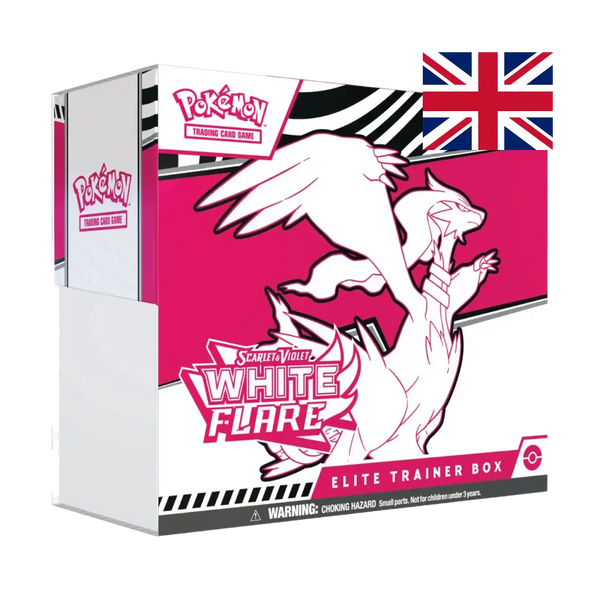 L'Elite Trainer Box White Flare sfoggia il magnifico Reshiram in una rappresentazione artistica mozzafiato su sfondo bianco e magenta. Le fiamme stilizzate e il design elegante catturano perfettamente l'essenza del Pokémon Drago/Fuoco leggendario. La combinazione cromatica audace rende questa elite trainer box un capolavoro visivo.