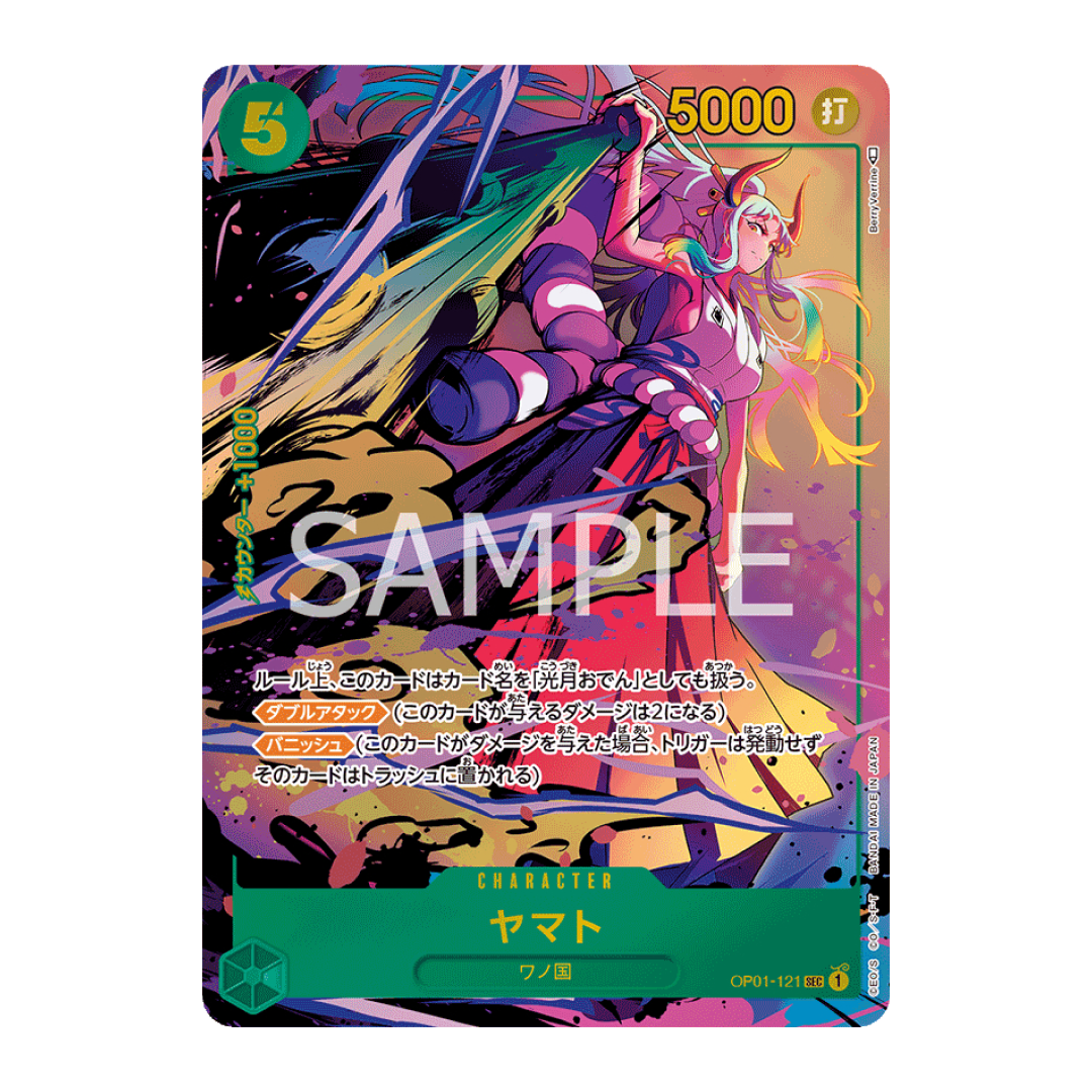 Carta Personaggio Yamato da One Piece Card Game OP01-121, con Attacco Doppio e Esilio, attacco 5000, design dinamico e colorato.