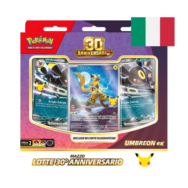 Mazzo Lotte Umbreon-ex 30° Anniversario Pokémon TCG (ITA): 60 carte tutte olografiche, Zeraora, porta-mazzo, moneta e segnapunti
