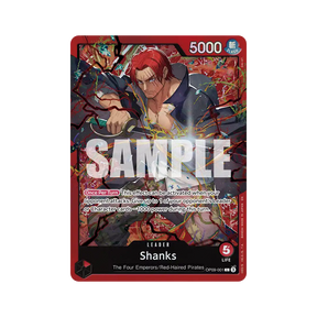 Carta Leader Shanks ST23 Red, personaggio dei Quattro Imperatori con abilità speciale che riduce la potenza degli avversari.