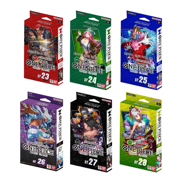 Set completo di Starter Decks ST23-ST28 del gioco di carte One Piece TCG, con mazzi dedicati a Shanks, Jewelry Bonney, Buggy, Monkey D. Luffy, Marshall D. Teach e Yamato, ideali per ogni stile di gioco.