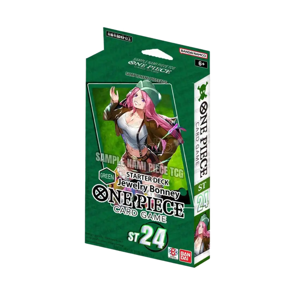 Scatola Starter Deck ST24 Green Jewelry Bonney del gioco di carte One Piece TCG, ideale per strategie difensive e controllo del gioco.