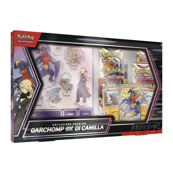Confezione della Collezione Premium Garchomp-EX di Camilla con bustine, carte e sagome