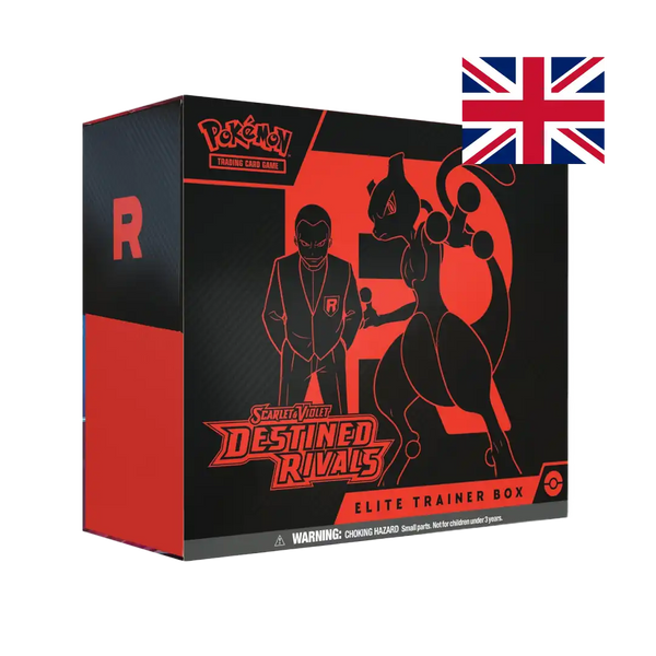 Elite Trainer Box Pokémon Scarlet & Violet Destined Rivals sigillata - artwork nero e rosso con Giovanni e Mewtwo - inglese